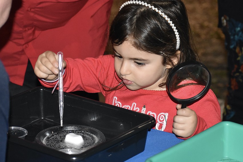 Pre-K student Sydney Chesnoff experiments with vinegar and baking soda.