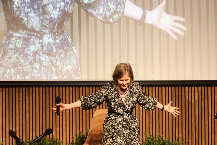 Award winning author Ann Patchett takes a bow as she tells her 600 readers that two of her books were banned in a county in Florida. Her books, Bel Canto and The Patron Saint of Liars, were pulled in 2024.