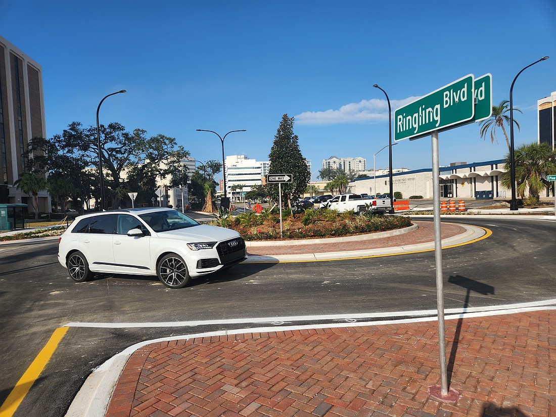 The new roundabout at Ringling Boulevard and Pine Place is an example of a traffic calming device to slow speeds and reduce points of conflict.