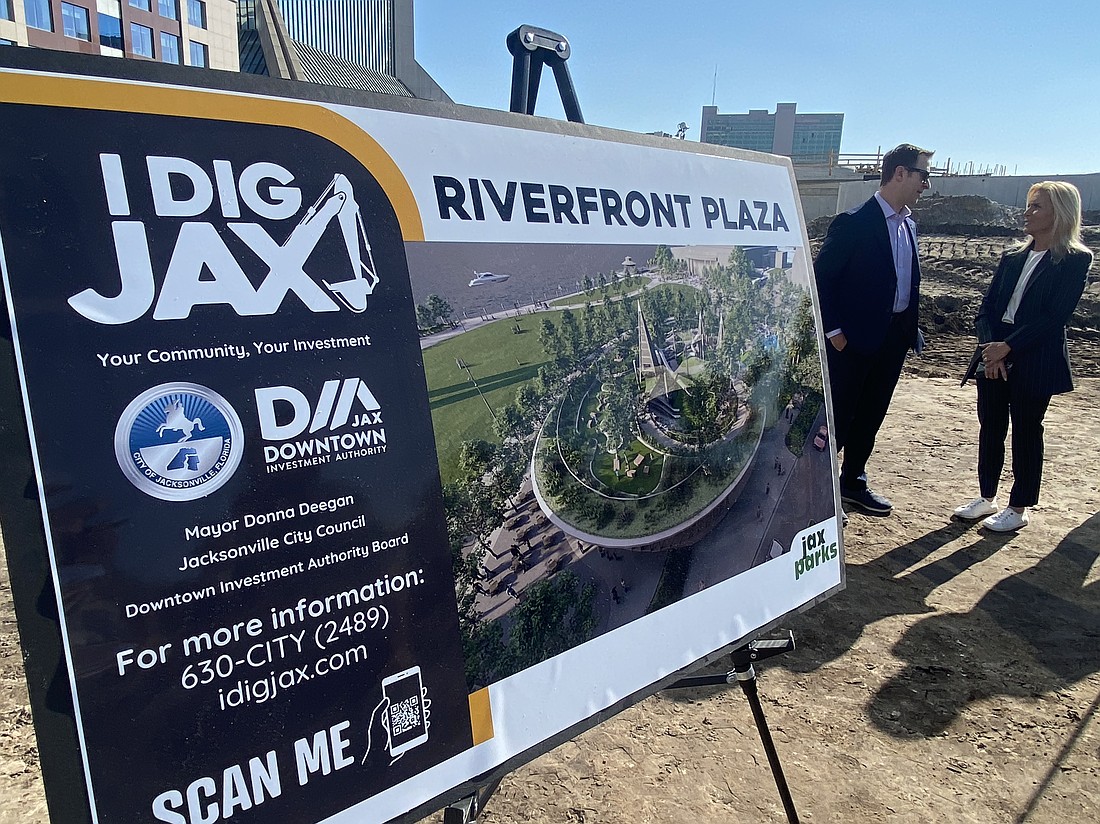 Jacksonville Mayor Donna Deegan talks with Council member Jimmy Peluso at the I Dig Jax event Feb. 10 at Riverfront Plaza, the park under construction Downtown at the former Jacksonville Landing site.