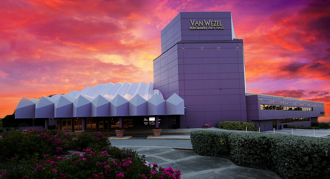 The Van Wezel Performing Arts Hall with the backdrop of the setting sun.