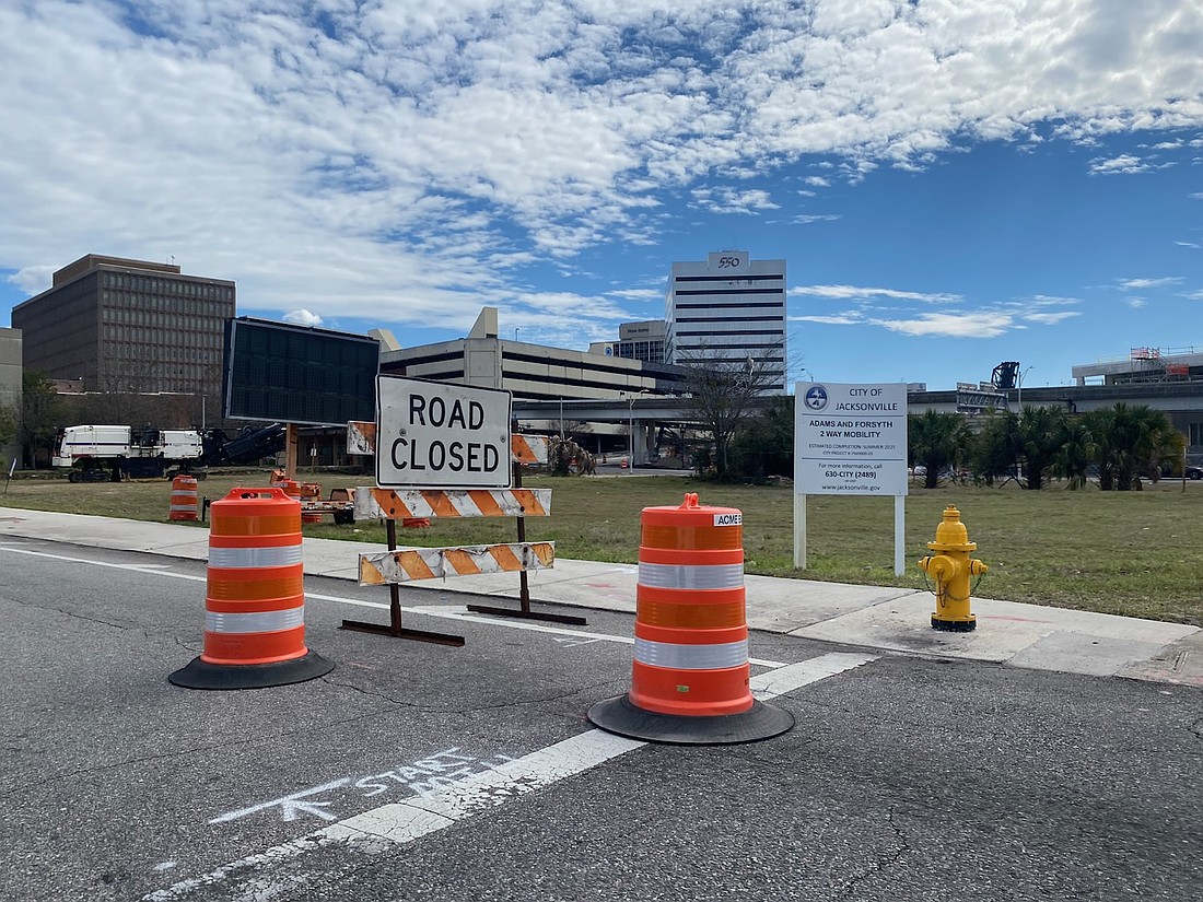 Lanes were closed Feb. 23 as part of the work to restore two-way traffic to Forsyth and Adams streets in Downtown Jacksonville