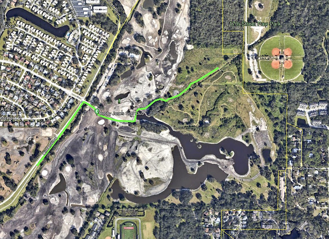 The green line marks the preliminary route of the Circus Trail Extension through Bobby Jones Golf Club and into the county-owned 17th Street Park.