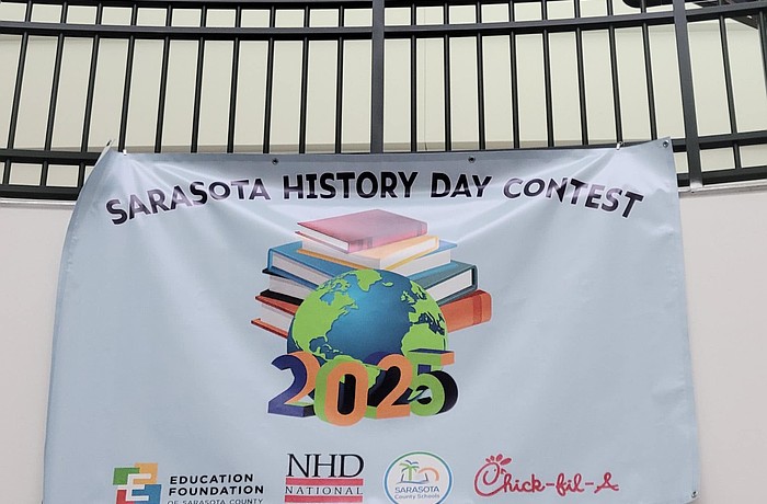 A sign at Selby Library announces the Sarasota History Day Contest.