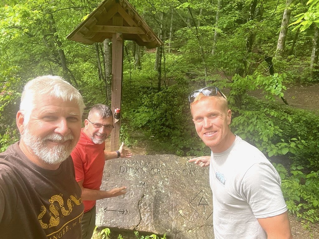 Dave Freeman (left) with Marcus Sanfilippo and Ryan Andrews (right) on their segment hike on the Appalachian Trail last year. Courtesy photo