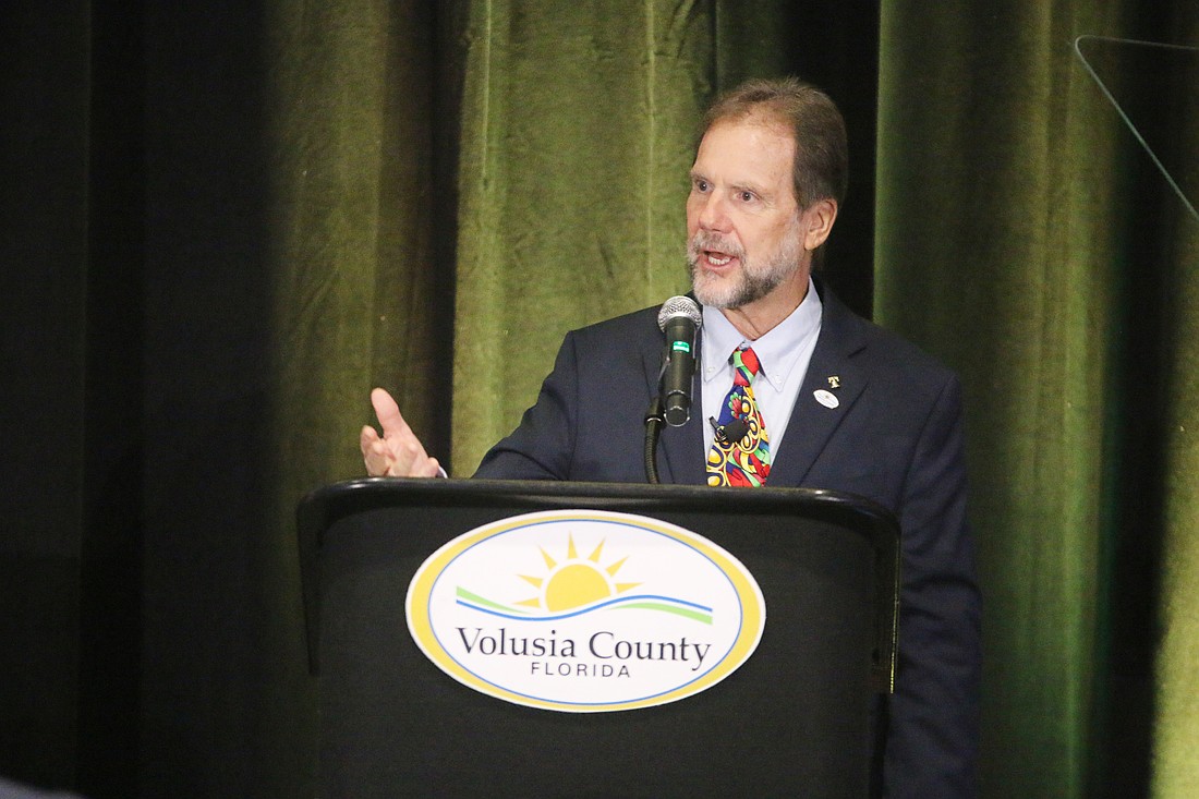 Volusia County Council Chair Jeff Brower delivers his annual State of the County address at the Ocean Center on Tuesday, Feb. 25. Photo by Jarleene Almenas