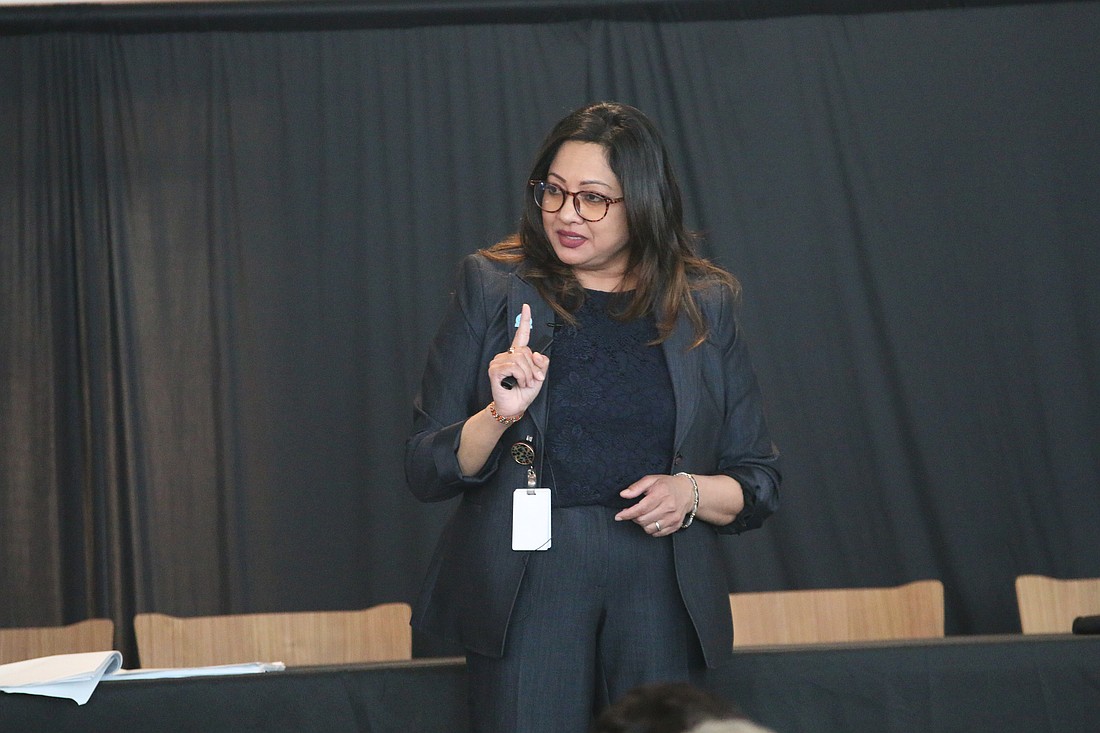 Volusia County Schools Superintendent Carmen Balgobin speaks during the district's first State of Our Schools address on Thursday, Feb. 27. Photo by Jarleene Almenas