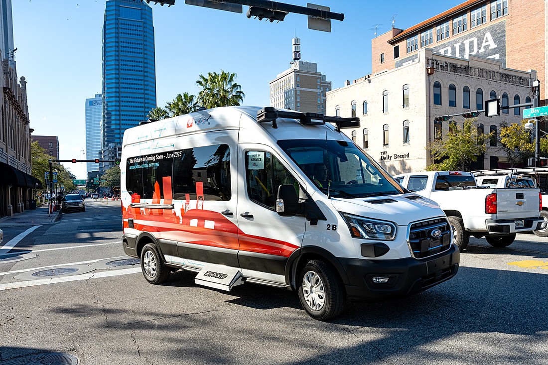 The Jacksonville Transportation Authority U2C will use retrofitted Ford E-Transit vans equipped with AV technology. The vans will carry up to nine passengers and will travel in the same lanes as surface traffic, JTA says.