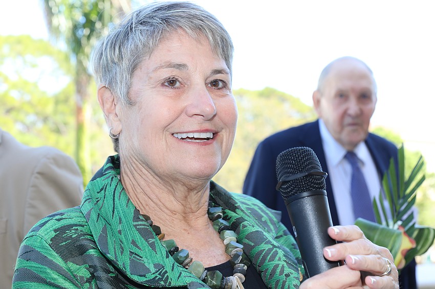 Marrie Neumer speaks to guests attending the VIP event at USF's 30th annual Brunch on the Bay.