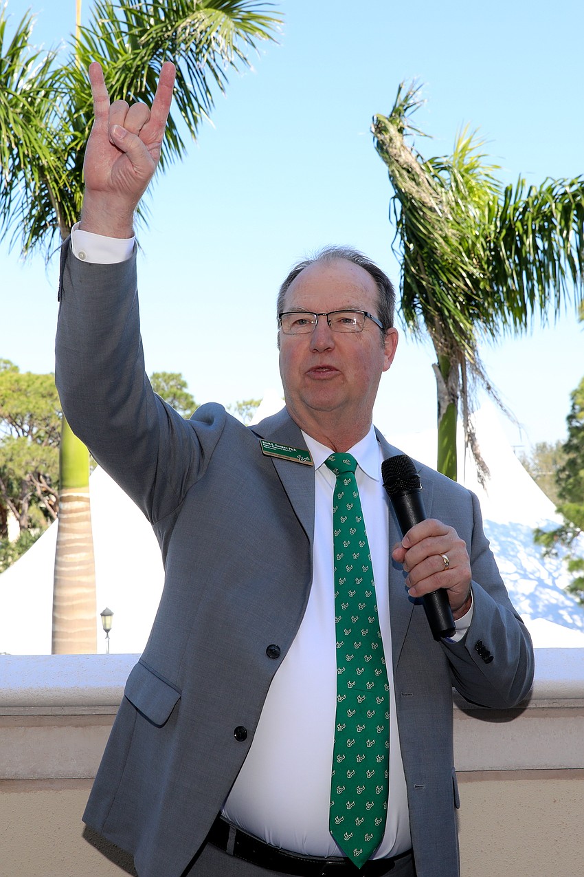 Brett Kemker says Bulls Up to the guests at the VIP event held prior to USF's 30th annual Brunch on the Bay.