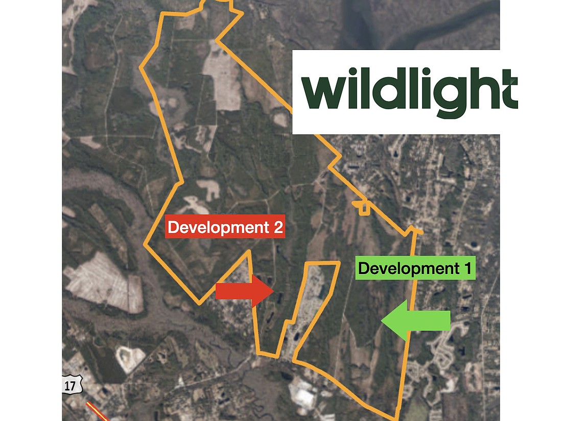 A 250-home development is planned at the site marked Development 2 in Wildlight’s Garden District. Development 1 is planned for 365 homes with area show available for future development.