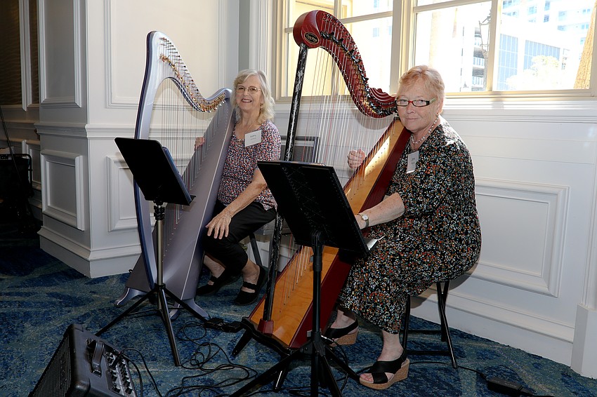 Professional harpists Kathleen Donkus and Jane Hawley are also volunteers at Tidewell Hospice.