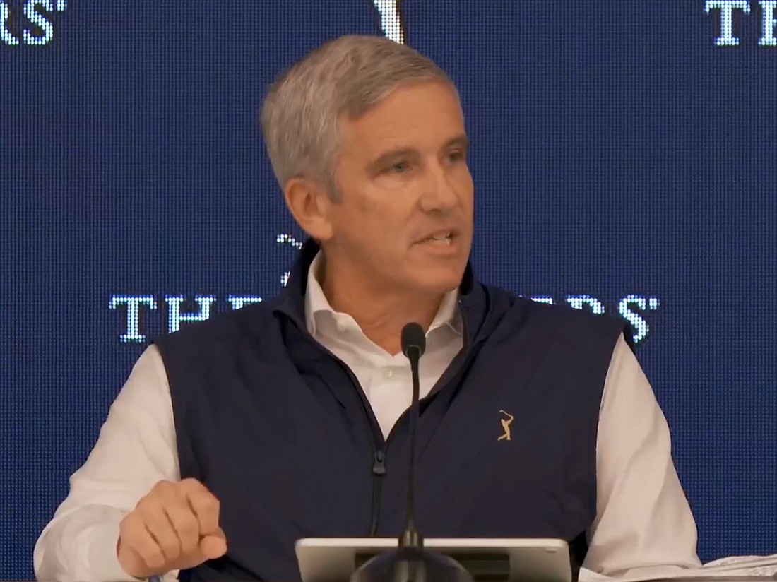 PGA Tour Commissioner Jay Monahan holds a news conference March 11 before the Players Championship golf tournament at TPC Sawgrass in Ponte Vedra Beach.