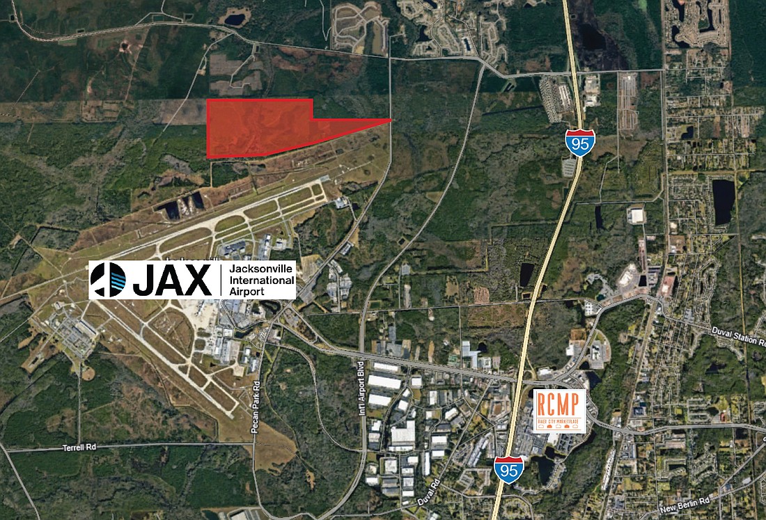 Airport Commerce Center is planned north of Jacksonville International Airport. Access to the property is from Pecan Park Road.