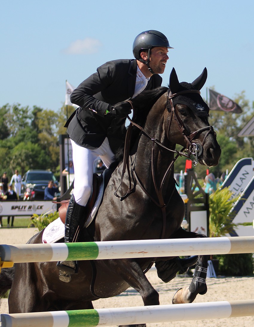 David Blake of Ireland has his eyes on the prize as he takes a jump aboard J.Diago during the Split Rock Jumping Tour Finale at TerraNova.