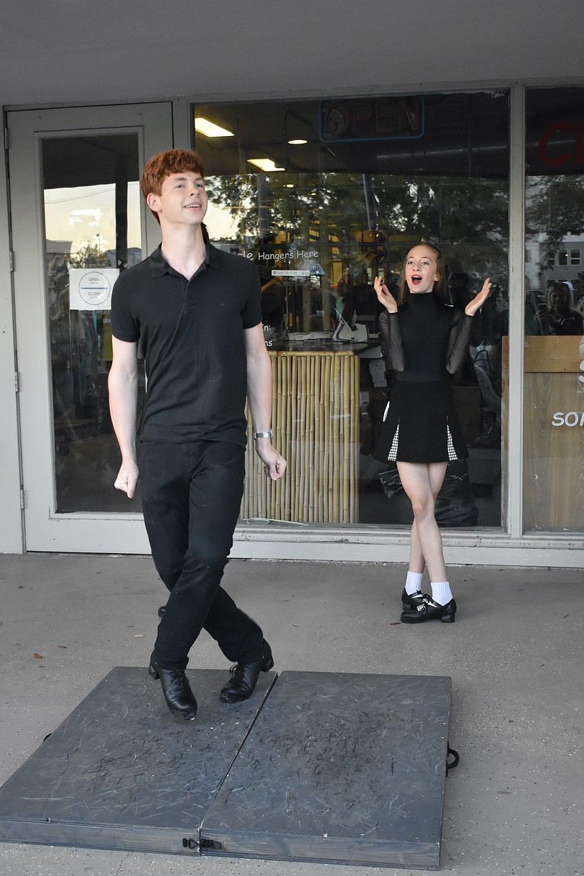 Max Perritt, 17, and Talula Perritt, 13, offer a dance performance with Kavanagh Porter Academy. The Sarasota branch of the Irish dance school was celebrating its first St. Patrick's Day.