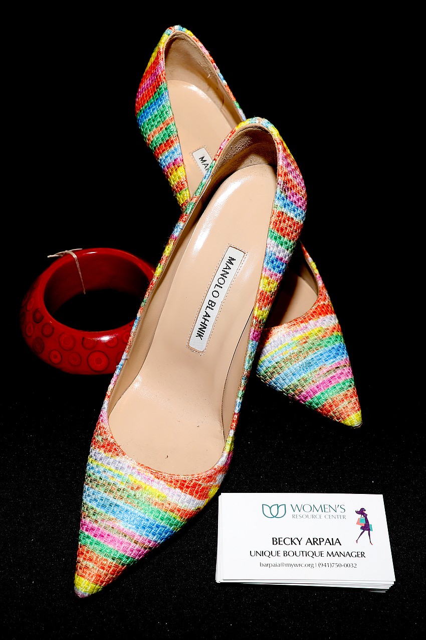 A colorful pair of Manolo Blahnik pumps in size 7 for sale at the Women's Resource Center's Unique Boutique resale shop.