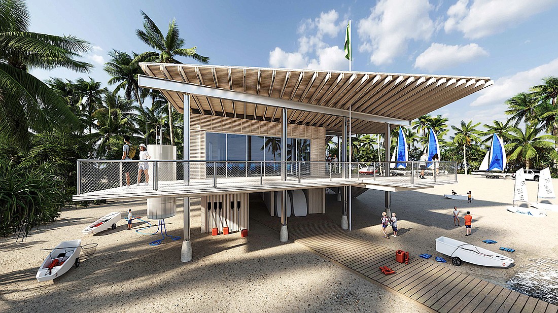 A rendering by PSDW Architecture of the proposed new Sarasota Youth Sailing facility at City Island shows boat storage beneath a climate-controlled second floor.