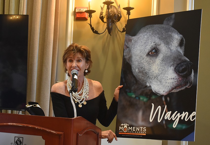 Susan Giroux holds a photo of a senior dog while stressing to the audience to consider adopting older dogs, not just puppies.