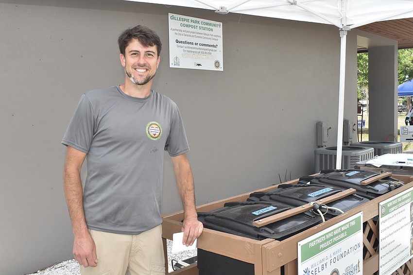 Alexander Thompson of Sunshine Community Compost staffed a table beside the park's composting bins.