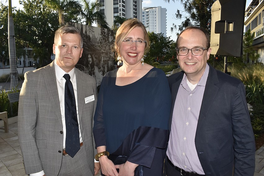 Marty Hylton, president of Architecture Sarasota; Jennifer Rominiecki, president and CEO of Marie Selby Botanical Gardens; and Chief Purpose Officer Richard Roark of OLIN gather together.