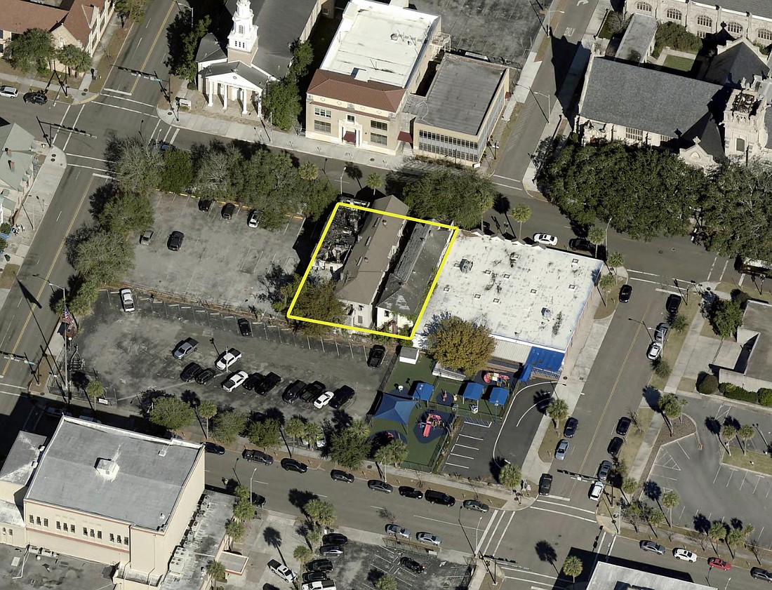 The site of the planned apartment site along Duval Street in Downtown Jacksonville. The city want to give the property marked in yellow to the developer. The buildings shown in the image have been demolished.