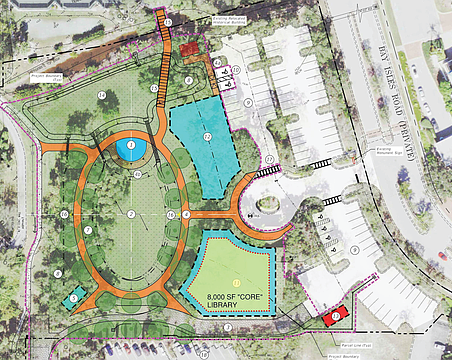 The library will be constructed on the light green area depicted on this map within Longboat Key's Town Center Green. The entire library would be around 11,230 square feet with the possible enhancements.