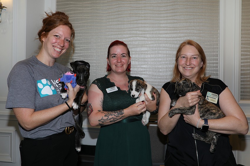 Nicole Radomski with Trooper, Shelby Welch with Freckles and Natalie Tilton with Rusty. These pit-mix pups are waiting to find their forever families.