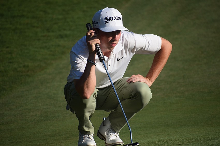 Nate Stember lines up his birdie putt on No. 6 at Lakewood National during the second round of the LECOM Suncoast Classic. Stember shot a 1-under 70 and is at 7-under par.