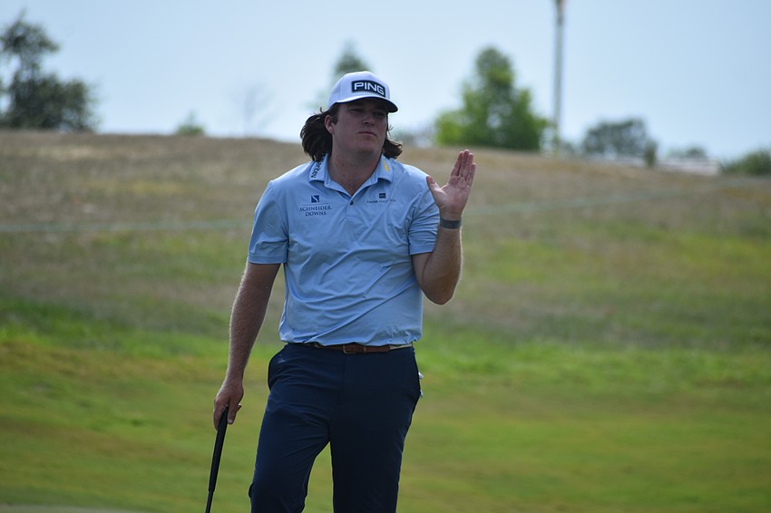 Neal Shipley lets out some frustration after missing a par putt on the par-3 15th hole at Lakewood National during the third round of the LECOM Suncoast Classic.