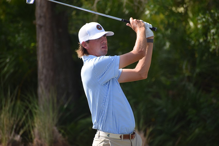 Mark Goetz takes a second to admire his tee shot on the par-3 No. 15 at Lakewood National during the third round of the LECOM Suncoast Classic.
