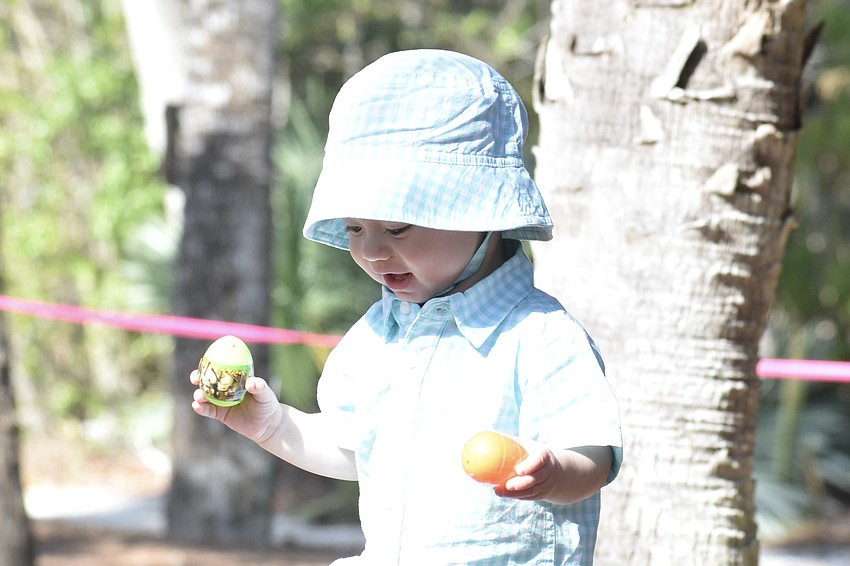 Hunter Kneifl, 1, hunts for Easter eggs.