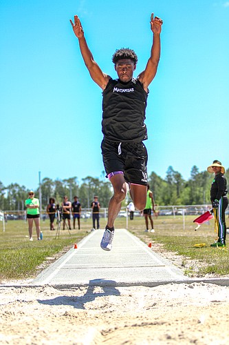 Matanzas High School junior Ladarien Baker placed first in triple jump at the District 4-3A track and field meet on April 18 at Beachside High School. Courtesy photo by Lukas Notaras