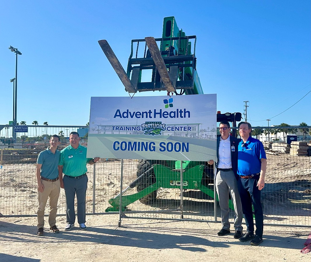 Dr. Ron Rosenberg, AdventHealth sports medicine physician; Jim Jaworski, Tortugas president and general manager; David Weis, regional president and CEO for AdventHealth’s operations in East Volusia, Flagler, and St. Johns counties; and Dr. Michael Campbell, AdventHealth orthopedic surgeon. Courtesy photo