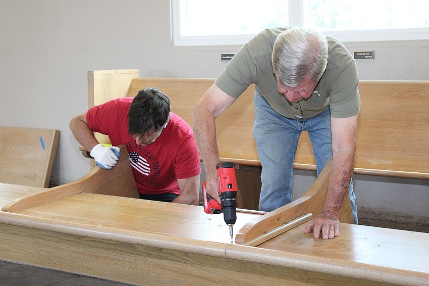 Rev. Brock Patterson set aside several of the outgoing pews in the best condition to be converted into a conference table the church can retain as a keepsake.