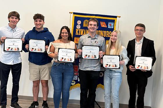 Flagler Palm Coast Kiwanis Club's Seniors of the Month, from left: March — Gavin Winfrey (Matanzas), Shaun Rabatin (FPC); April — Jeh-Hanni Strong (Matanzas), Jack Mikutel (FPC); May — Kayleigh Phillips (FPC), Joseph Sherman (Matanzas). Courtesy photo by Maria Barbosa