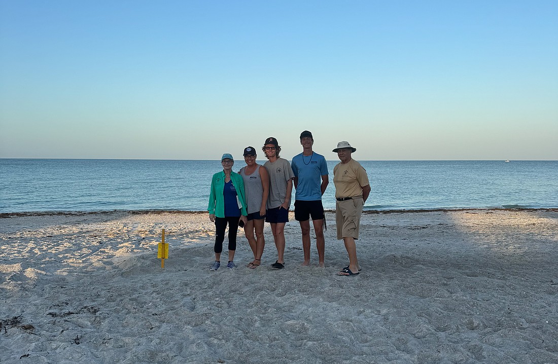 The patrol that found Longboat's first nest of 2025 included Connie Schindewolf, Brenda Jameson, Caleb Jameson, Benjamin Jameson, and Sam DiGiammarino.
