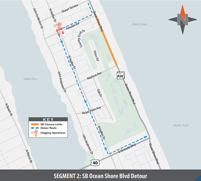 The detour map for a three-month closure on southbound Ocean Shore Boulevard in Ormond Beach. Courtesy of FDOT