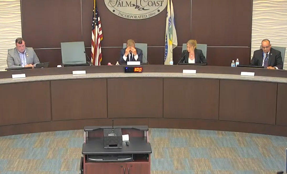 The Palm Coast Council had multiple failed votes on April 29 during the city manager selection process. Image screenshot from meeting livestream