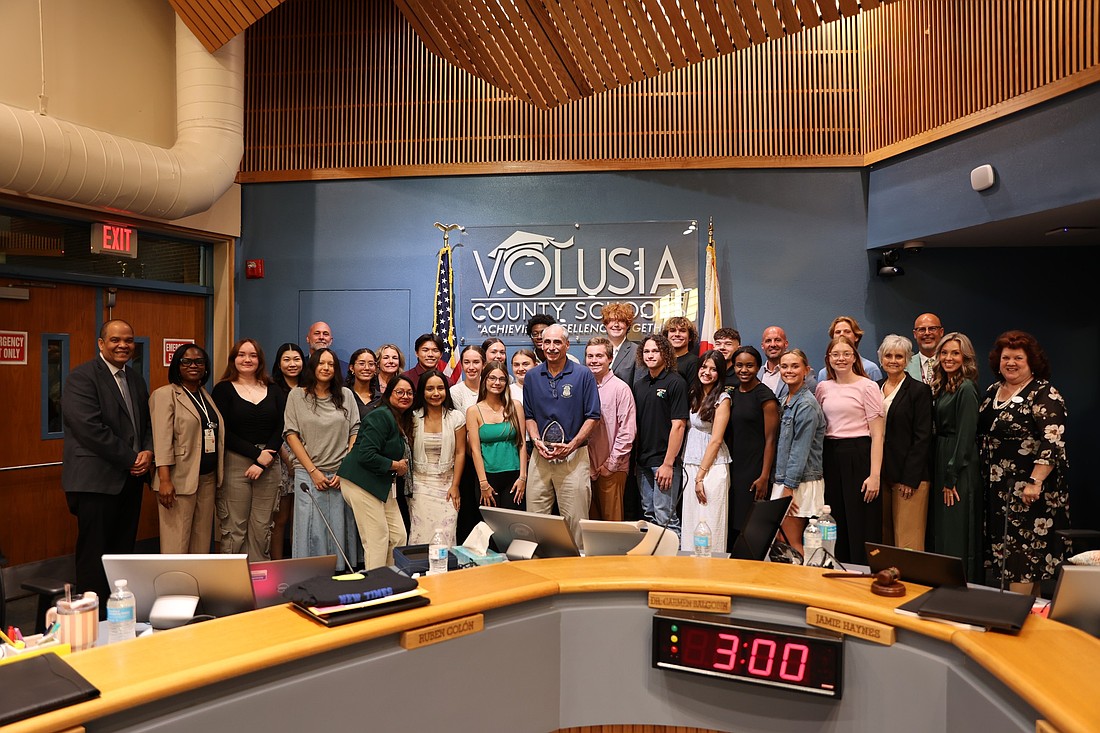 The Volusia County School Board, district personnel and Volusia County Sheriff Mike Chitwood (center) honor SALT members. Photo courtesy of Volusia County Schools/Facebook