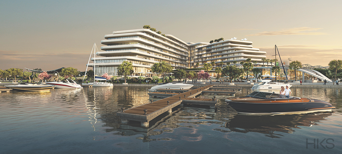 A rendering of the Four Seasons Hotel & Residences on the Downtown Jacksonville Northbank shows boats at a marina.