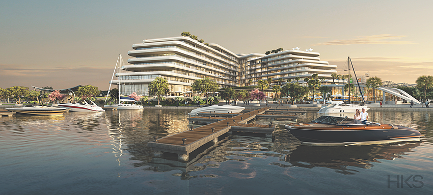 A rendering of the Four Seasons Hotel & Residences on the Downtown Jacksonville Northbank shows boats at a marina.
