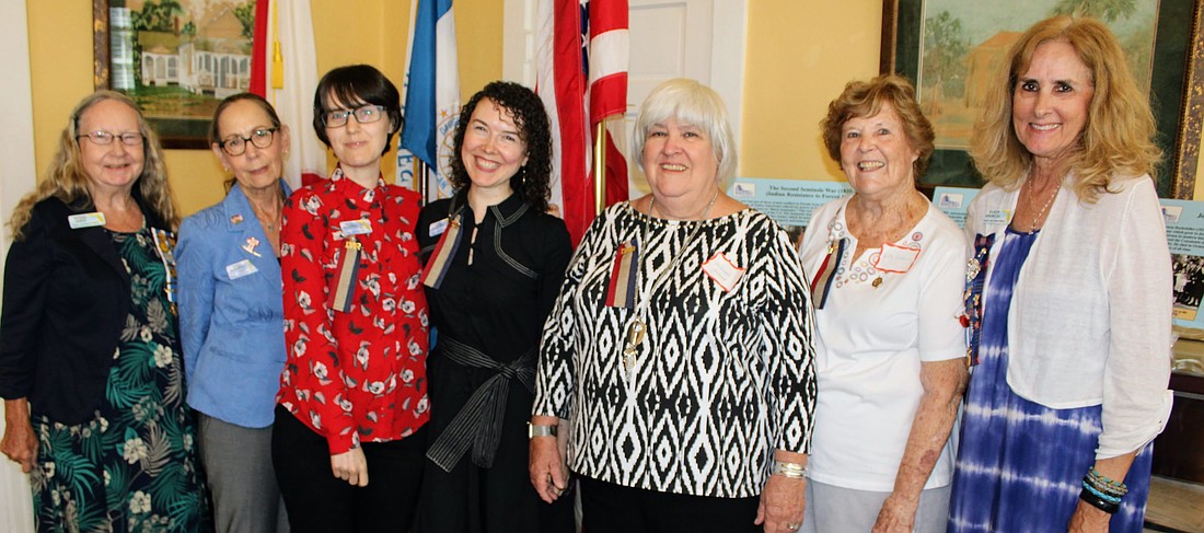 DAR Registrar Denise Sikes; Regent Susan Demorsky; new members Megan Rasmussen, Cassie Rasmussen, Allison Annon and Betty Bullock; and Chaplain Karen Knowles. Courtesy photo
