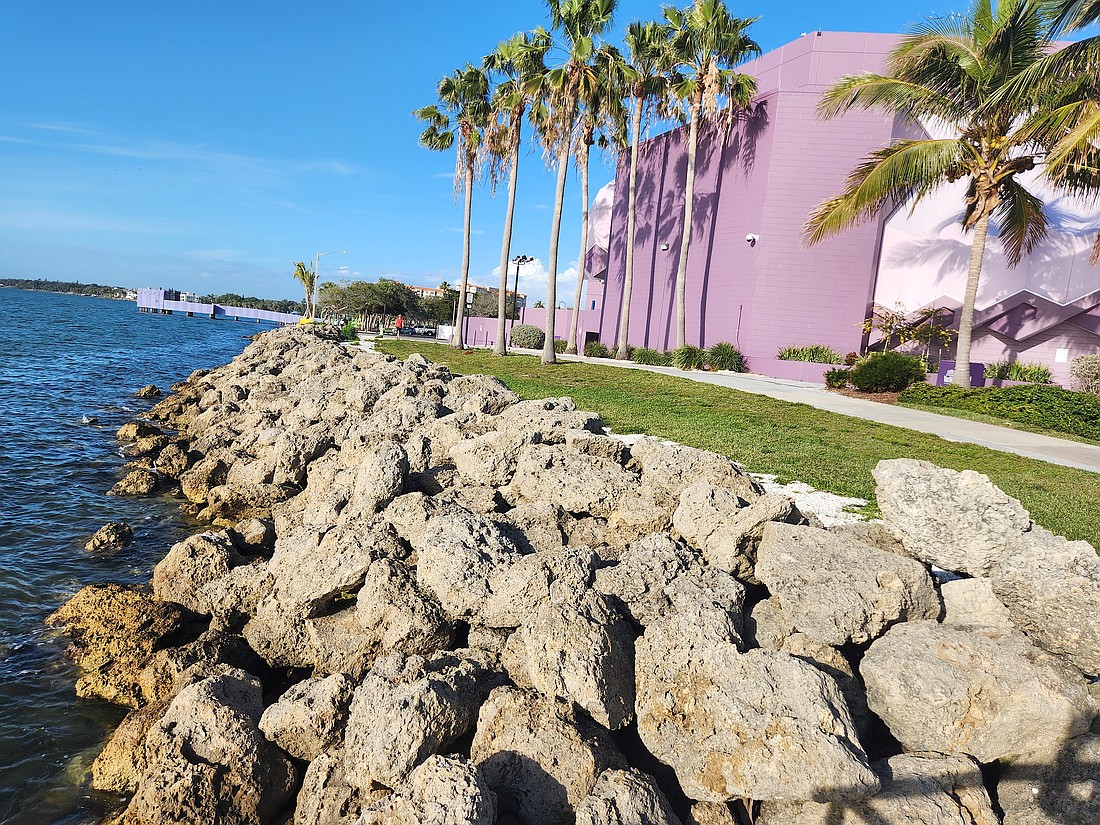 The rear of the Van Wezel Performing Arts Hall stands just feet away from Sarasota Bay.