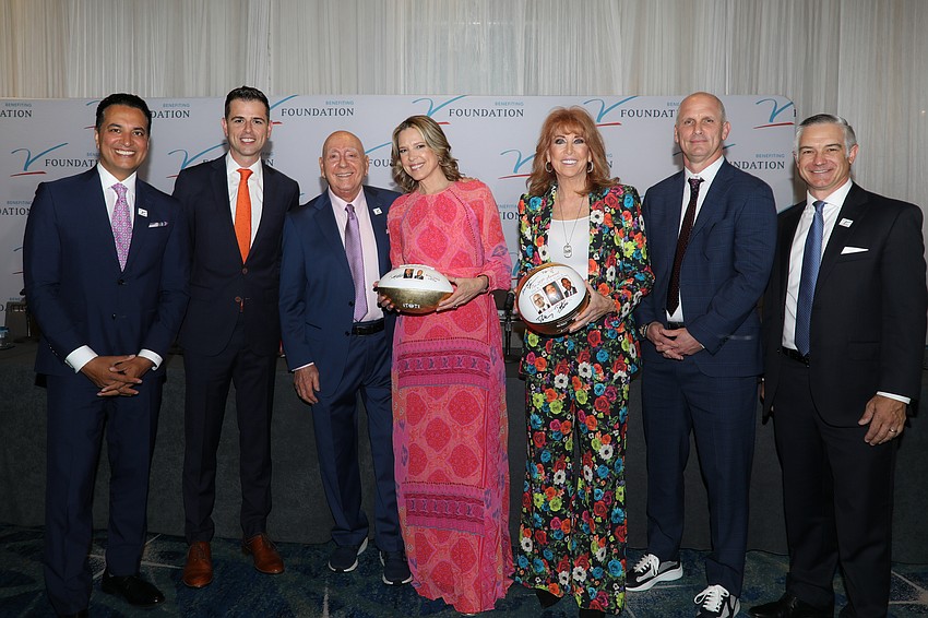 Sports Center anchor and tonight's gala emcee Kevin Negandhi, UF basketball coach Todd Golden, Dick Vitale, ESPN's Hannah Storm, former WNBA player Nancy Lieberman, U Conn head coach Dan Hurley and V Foundation CEO Shane Jacobson.