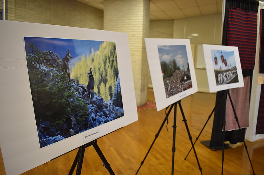 A display in the Potter Building features a series of images of Hungary.