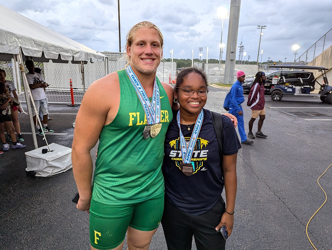 FPC seniors Colby Cronk and Maya Tyson each won two medals in their final state meet. Cronk won boys shot put and placed second in discus. Tyson placed third in girls shot put and eighth in discus. Photo by Brent Woronoff