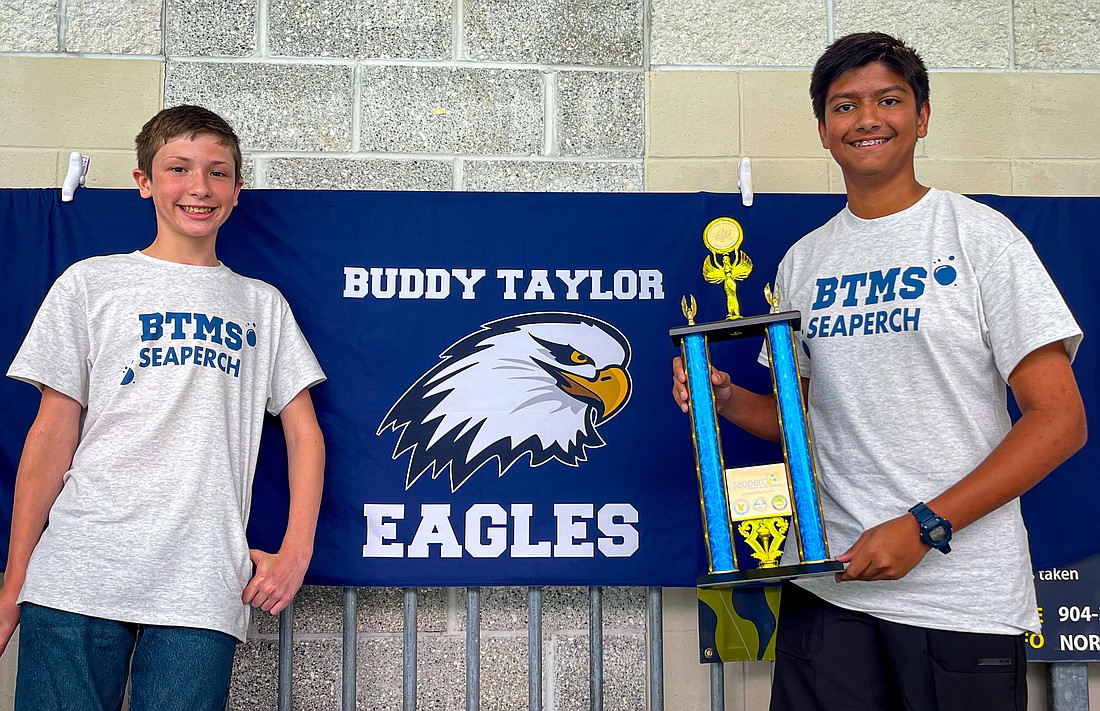 Buddy Taylor Middle School's James Webb and Alexander Magnal of Team Swift Sharks placed second in the Greater Jacksonville SeaPerch Regional Competition and will compete in the international competition in Maryland. Courtesy photo/Flagler Schools
