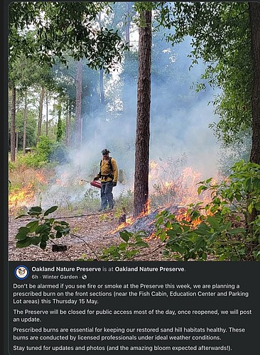 Oakland Nature Preserve warns pubic of prescribed burn to occur this week