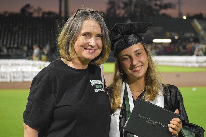 Carmen Purpus, who teaches AP Psych and AP World, poses with Juliet Testa after the commencement ceremony.